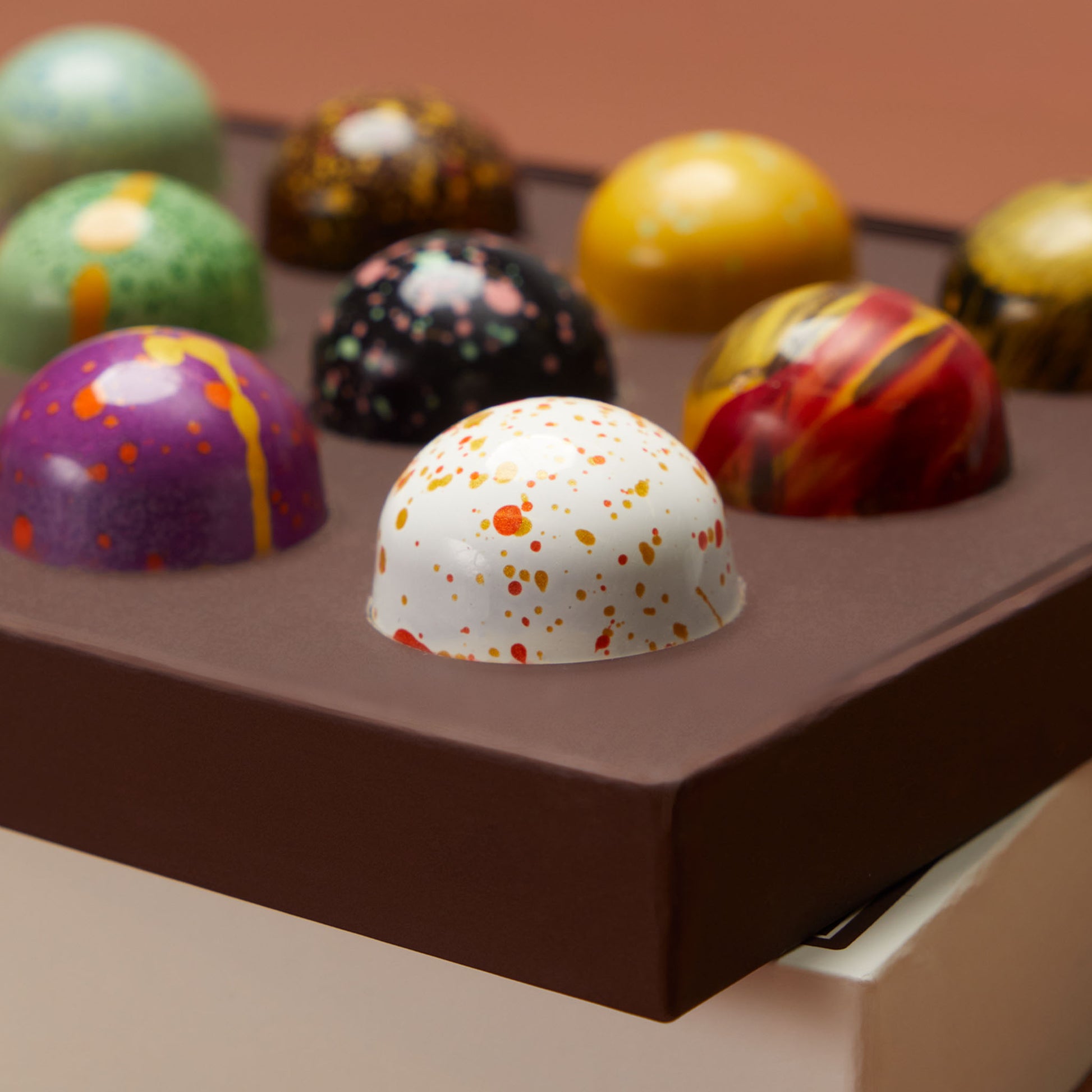 NC Chocolatier Hand-Painted Bon Bons 12 Piece — Kosher Artisan Chocolate Gift Box, Raspberry Espresso Pistachio